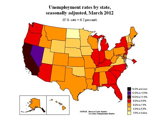state unemployment rate map march 2012